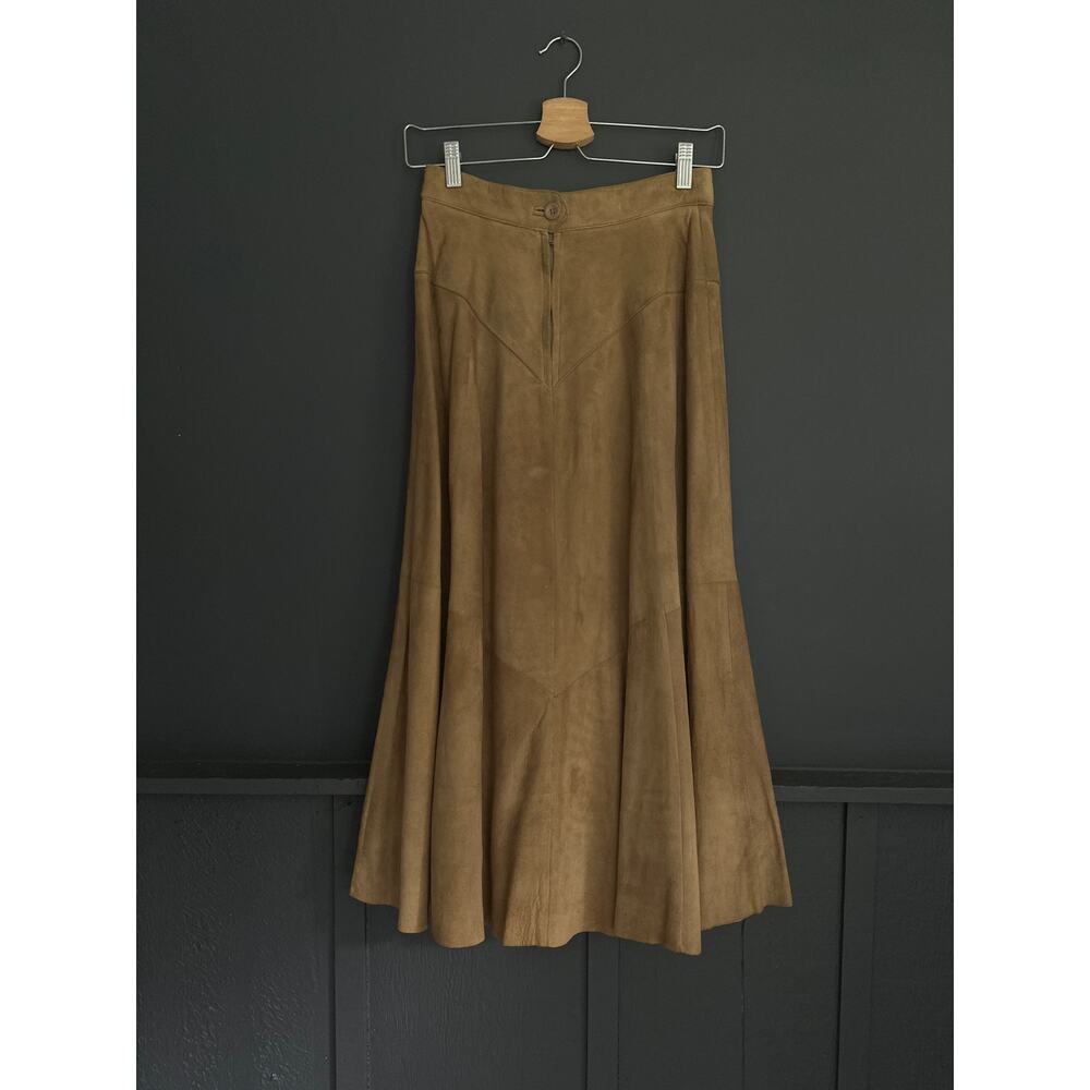 Vintage Tan Western Genuine Leather Lamb Suede Flare High Waist Midi Skirt Sz 8 - Picture 6 of 10